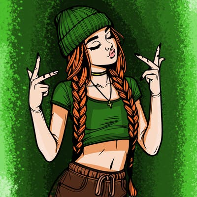 realistic teenage girl with braids and a beanie and crop top doing 🫶🏼