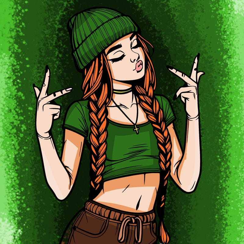 realistic teenage girl with braids and a beanie and crop top doing 🫶🏼