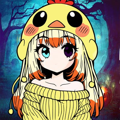 anime girl with chick shaped hat with sweater with bare shoulders with bangs covering them one eye with low tail