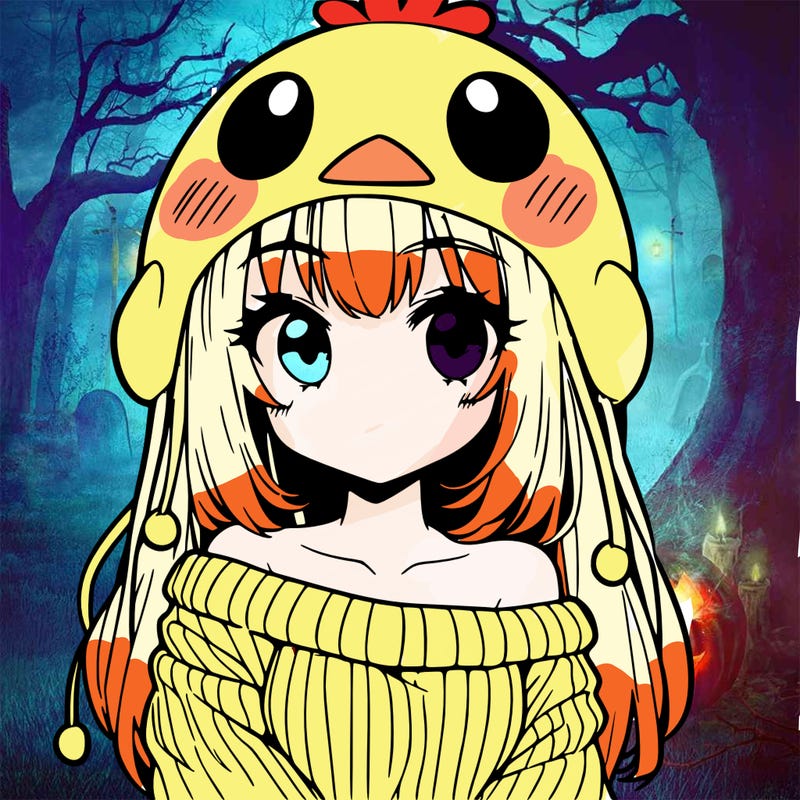 anime girl with chick shaped hat with sweater with bare shoulders with bangs covering them one eye with low tail