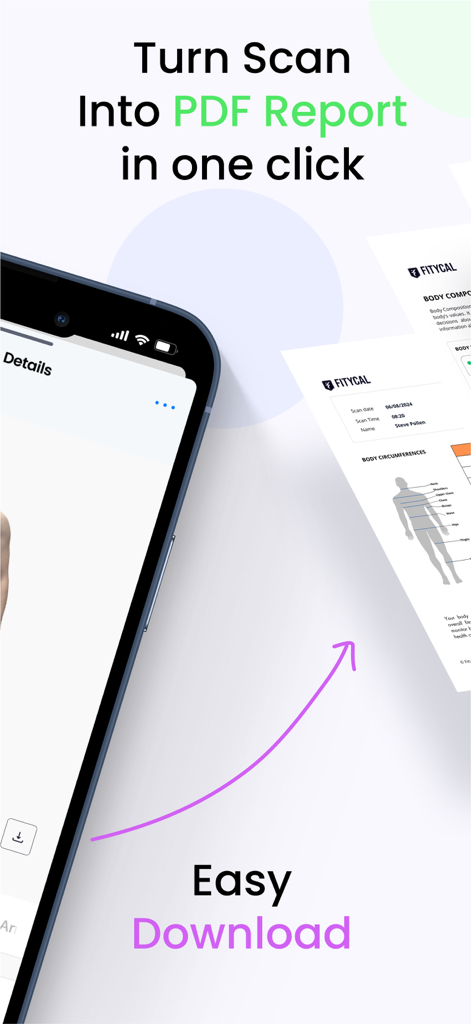 Fitycal - 3D Body Scan Tracker - Fitycal app interface for downloading a comprehensive 3D body scan PDF report