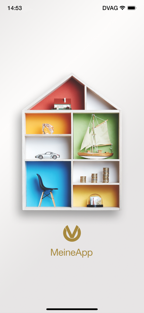 MeineApp DVAG - MeineApp DVAG Splash-Screen mit einem hausförmigen Regal, das Symbole für Wohlstand wie ein Auto, ein Haus und Münzstapel enthält