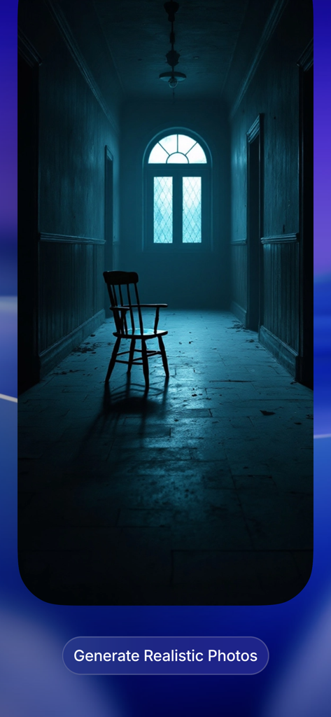 Zemith - SuperAI All in One AI - Zemithアプリ内で、ムーディーな暗い廊下にある椅子のリアルなAI生成画像。
