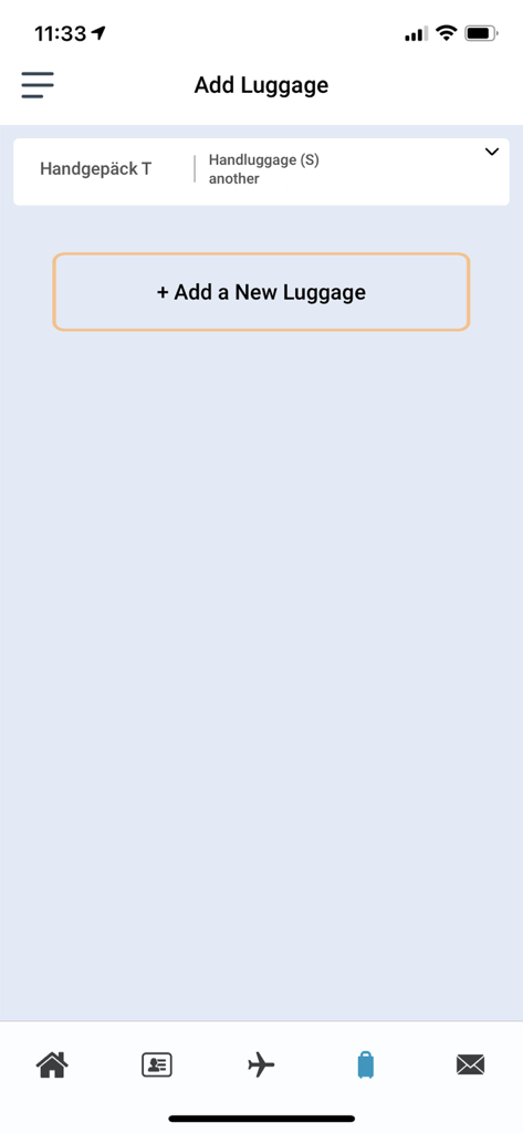 MyTravel.ID - Interface of the MyTravel.ID app showing the Add Luggage screen with a list of bags and a button to add new items.
