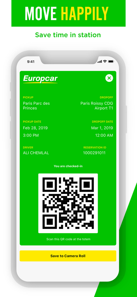 Confirmação de check-in digital da aplicação móvel Europcar com código QR