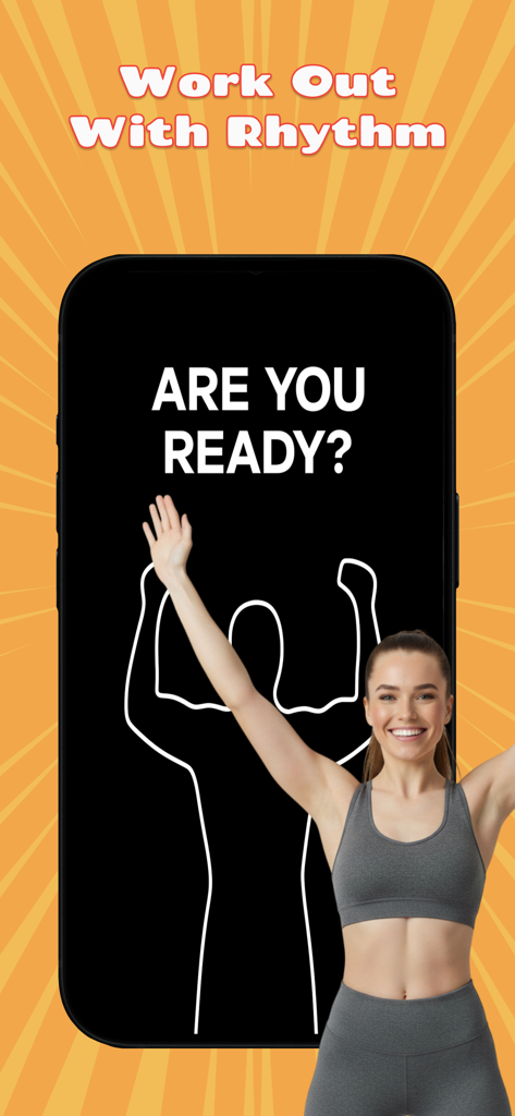 フィットネスギアの女性と一緒に、Work Out With RhythmとAre You Readyのテキストを表示するモバイルアプリインターフェース