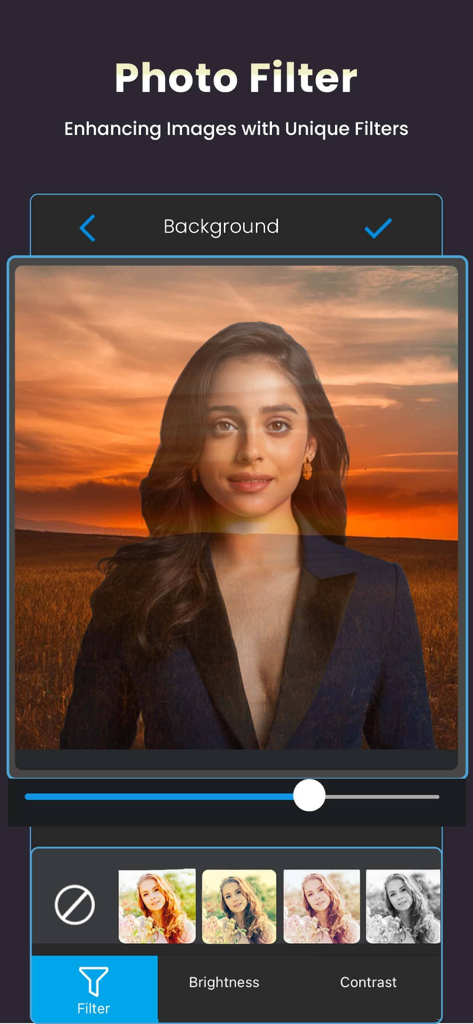 Double Exposure: Photo Merge - Interface of the Double Exposure app showing photo filter options and a portrait with a sunset overlay.
