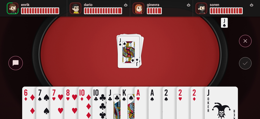 Gameplay screenshot of an online card game showing four players and a hand of cards on a red table.