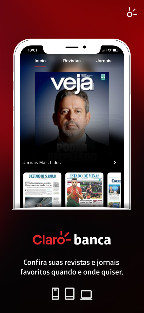 Interface do aplicativo Claro banca mostrando revistas e jornais brasileiros, incluindo Veja e O Estado de S. Paulo.