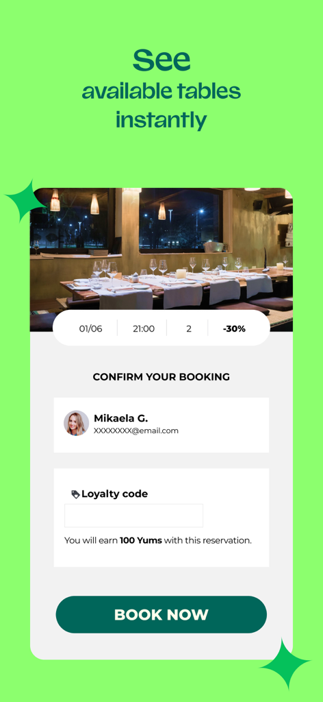 TheFork - Restaurant bookings - A interface do app TheFork para confirmar uma reserva de restaurante com desconto e pontos de fidelidade