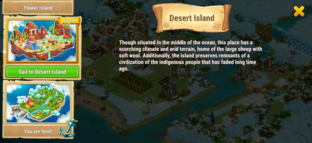Ocean Whispers: Casual Game - Menú de exploración del juego que muestra la descripción del evento de la Isla del Desierto y las opciones de selección de isla en Susurros del Océano.