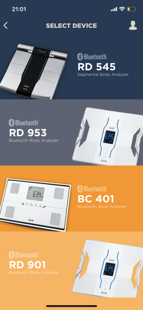 My TANITA – Healthcare App - Screen for selecting Tanita Bluetooth body composition monitors including RD 545 and BC 401 models.
