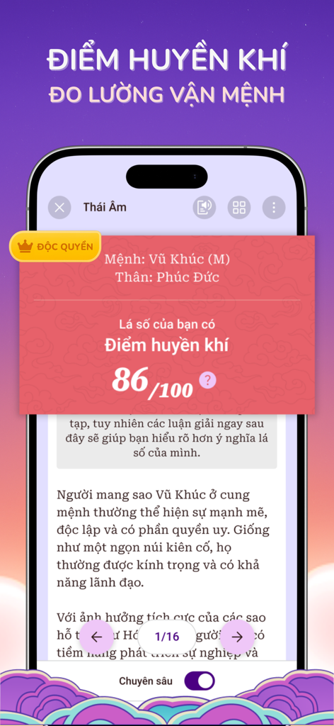 Thái Âm - Tử Vi 2026 - Thai Am Tu Vi App-Bildschirm mit einem Mystic Energy-Wert von 86 von 100 mit einer detaillierten vietnamesischen Astrologie-Lesung.