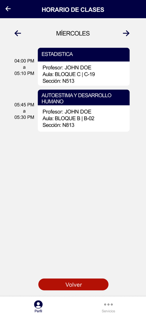Una captura de pantalla de la aplicación URBE que muestra el horario de clases del miércoles para un estudiante, incluyendo nombres de cursos, horarios y aulas.