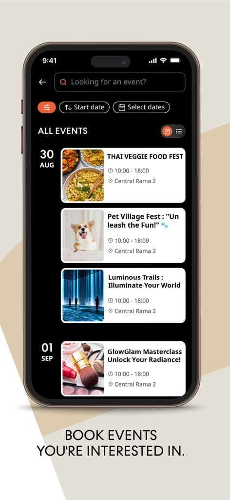 Central X - Interfaccia dell'app Central X mobile che mostra un elenco di eventi imminenti come un festival gastronomico e una festa del villaggio per animali domestici.