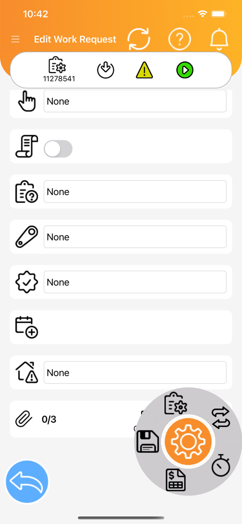 Inigma - Inigma app mobile interface showing the Edit Work Request screen with various maintenance task fields and a circular action menu