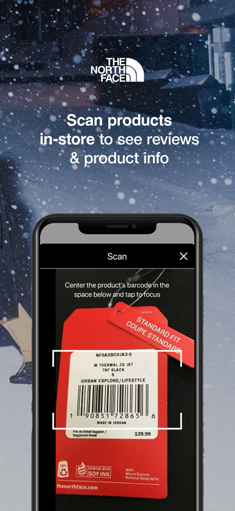 The North Face - The North Faceアプリの店舗内バーコードスキャナー機能。製品レビューと情報が表示される。