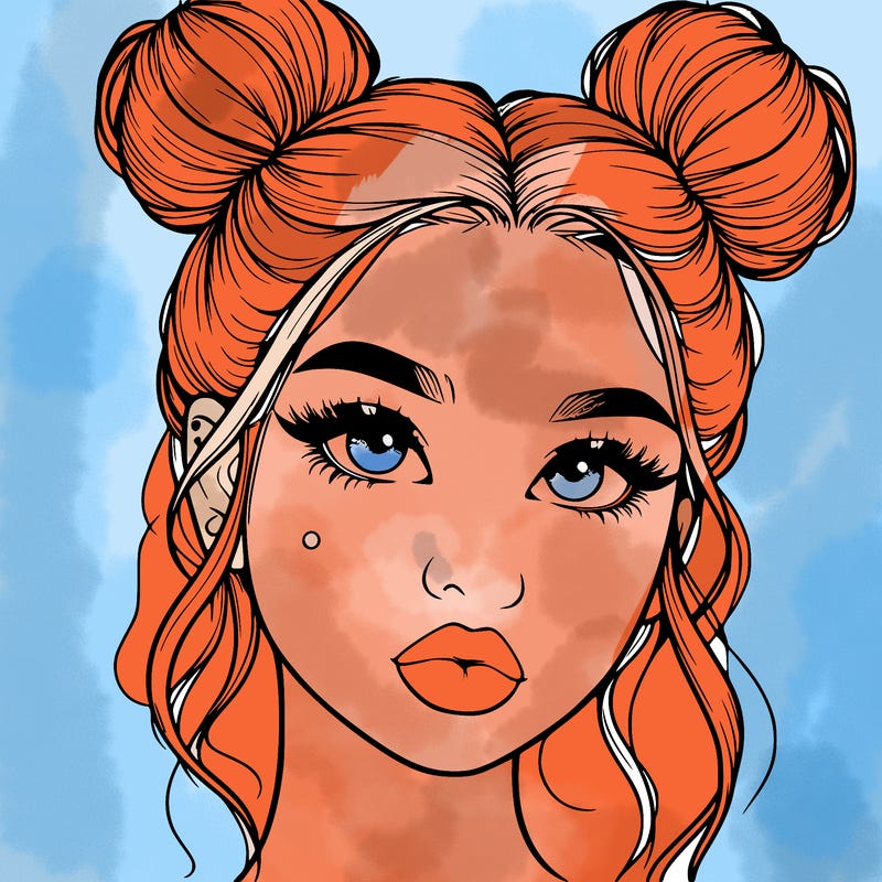 realistic girl with two buns on her hair and lips
