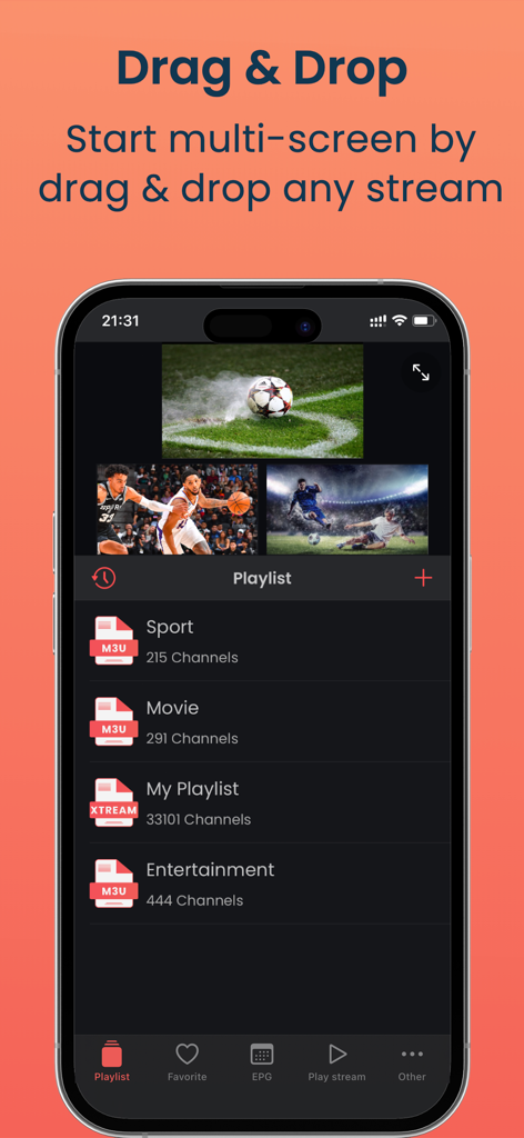 La funzione multi-schermo di IPTV Player Pro che mostra più flussi sportivi e playlist