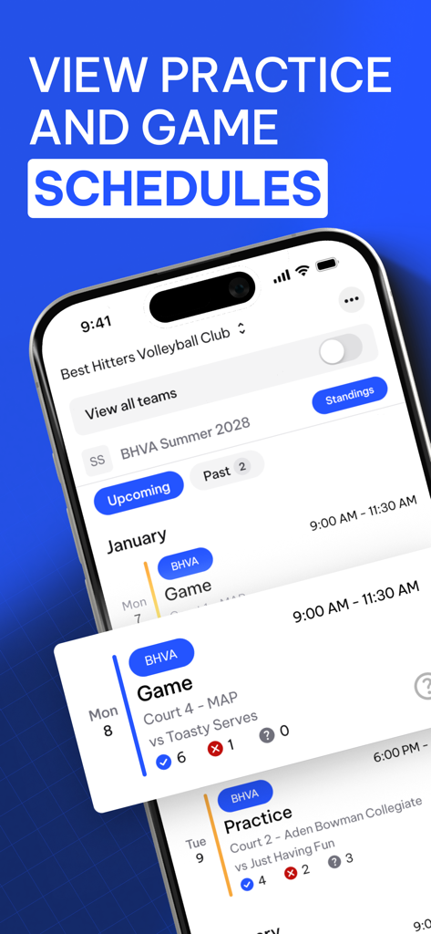 TeamLinkt app interface showing practice and game schedules for a sports team