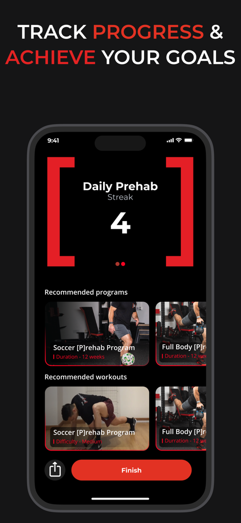 Prehab: Physical Therapy, Pain - Painel do aplicativo Prehab mostrando o progresso da sequência diária e programas de fisioterapia recomendados em um iPhone