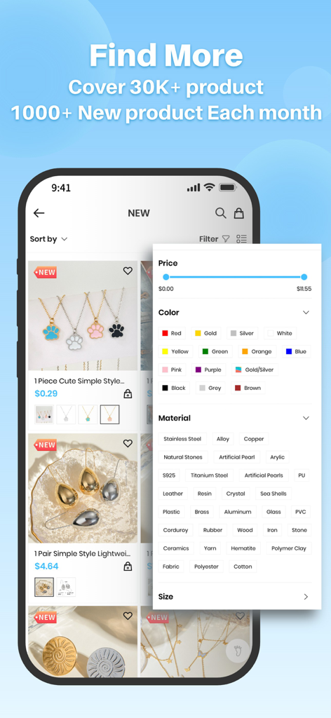 SHINE-BUY app screen showing wholesale jewelry search results with a filter menu for price, color, and material