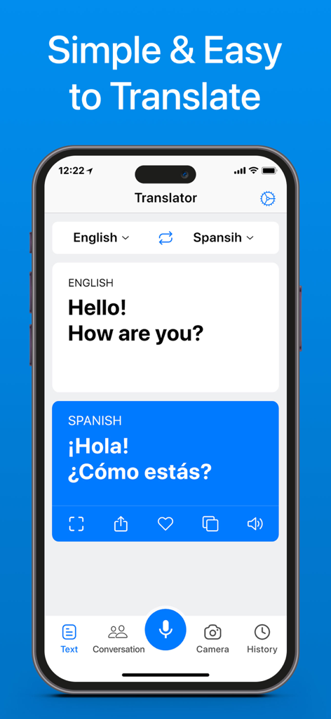 Captura de pantalla de la aplicación Translate Language Translator que muestra la traducción de texto del inglés al español