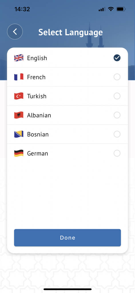NamazStart - Language selection screen in the NamazStart app showing multiple language options with flags