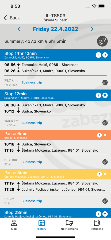 TSS Monitoring - Ein detailliertes Fahrtenverlaufsprotokoll in der TSS Monitoring App, das Geschäftsfahrten mit Zeiten und Orten anzeigt
