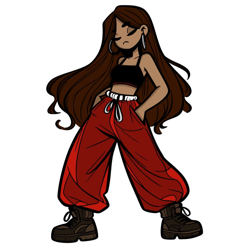 girl in baggy pants crop top and long hair