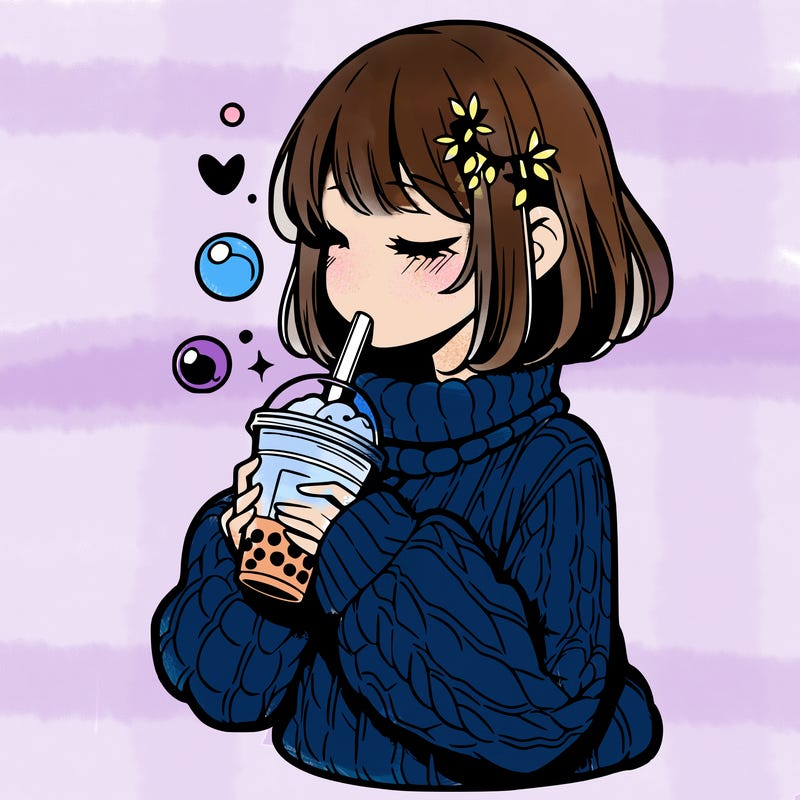 manga girl drinking boba in cozy sweater