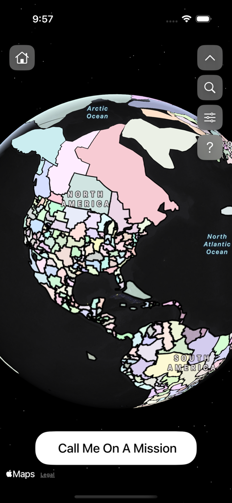 Mission Call - Guess & Explore - Un globo 3D interattivo che mostra i confini delle missioni LDS in Nord e Sud America con un pulsante Chiama per la Mia Missione.