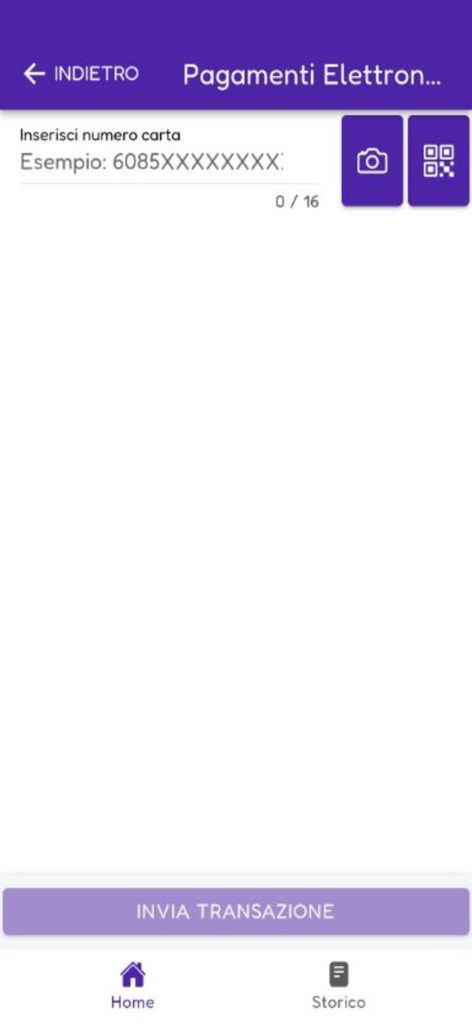 Interfaccia mobile dell'app EP POS che mostra il campo di inserimento del numero di carta e le opzioni di scansione per i pagamenti elettronici.