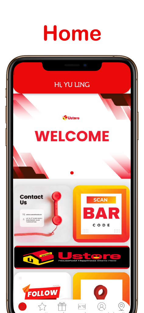 USTORE - Startbildschirm der USTORE-Loyalitäts-App mit Willkommensbanner und einer Schnelltaste zum Scannen des Barcodes