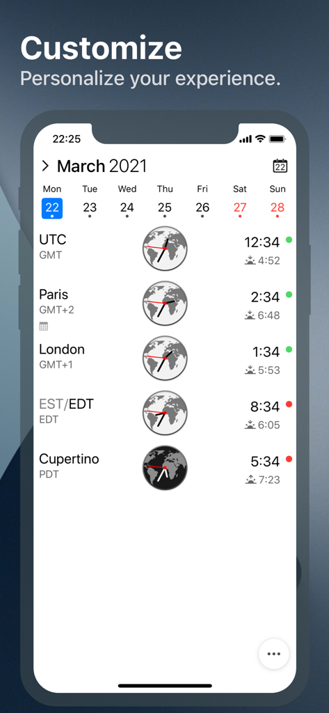 The Clock app interface on an iPhone displaying world clocks with time zones business hours indicators and a monthly calendar