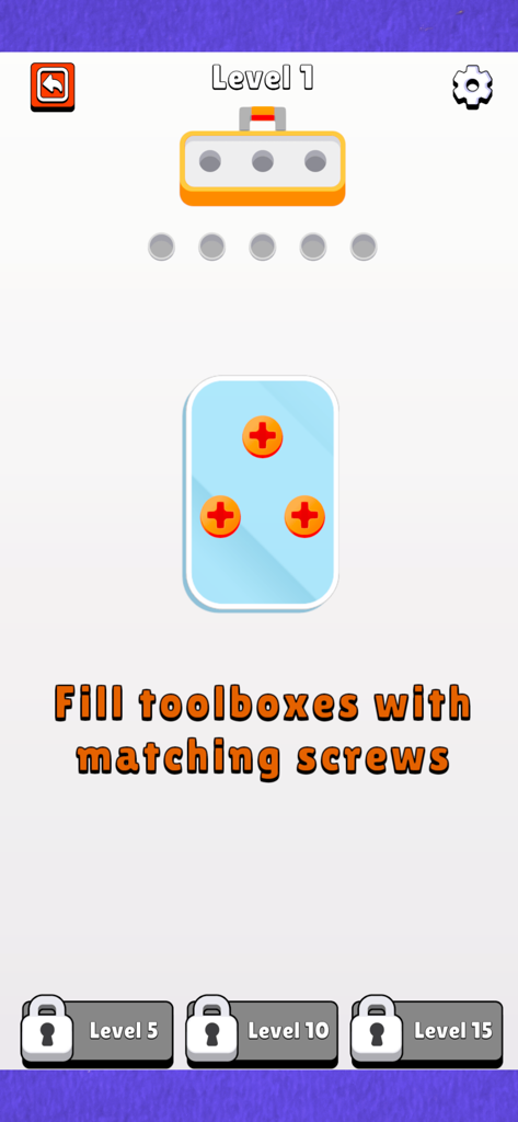 Screw Jam - Screw Jam gameplay screenshot showing Level 1 with orange screws and a toolbox
