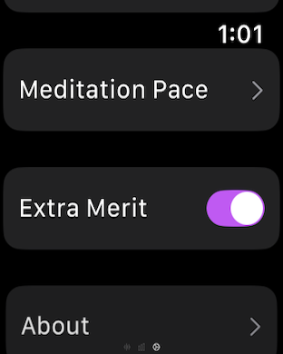 Daily Om Practice : ChantFlow - Settings menu of the ChantFlow app on Apple Watch showing options for meditation pace and extra merit