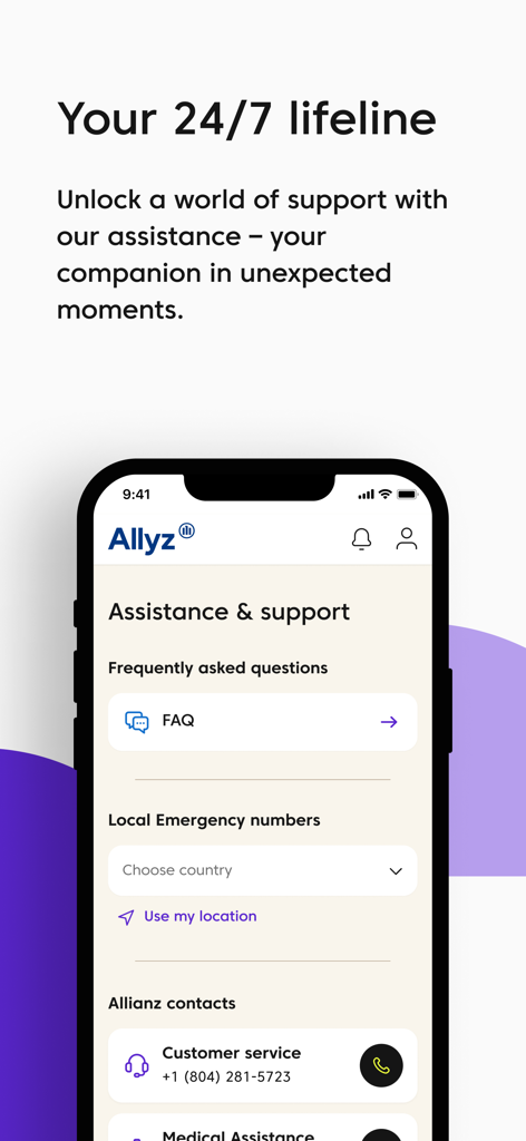 Allyz app assistance and support screen showing emergency contacts and customer service details
