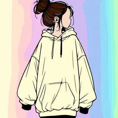 realistic girl with a oversized sweatshirt on and a bun