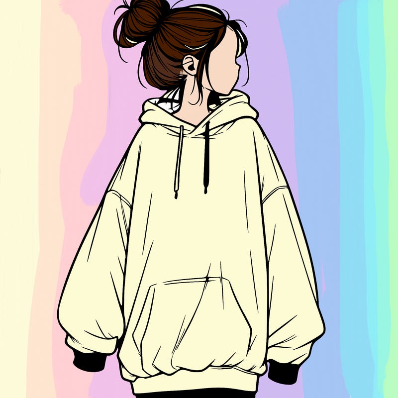 realistic girl with a oversized sweatshirt on and a bun