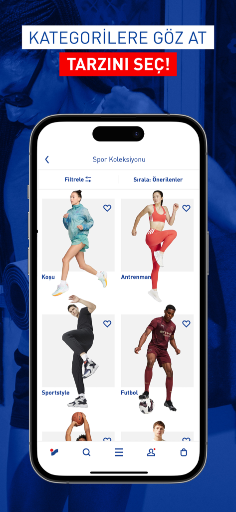 Intersport mobile app screen displaying various sports clothing categories including running, training, and soccer.
