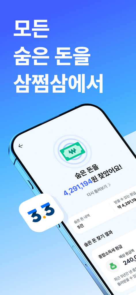 삼쩜삼-세금ㆍ병원비 환급, 휴대폰ㆍ정부 지원금, 앱테크 - Ein Smartphone-Bildschirm, der die Samjeomsam-App mit einem Text anzeigt, der verstecktes Geld und Rückerstattungsdetails anzeigt.