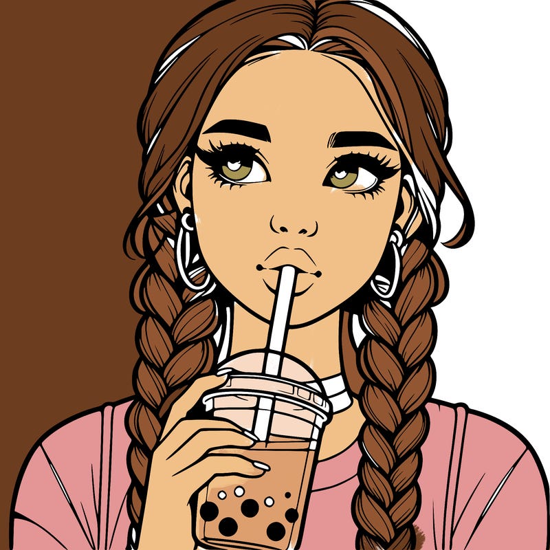realistic girl with braided hair drinking boba