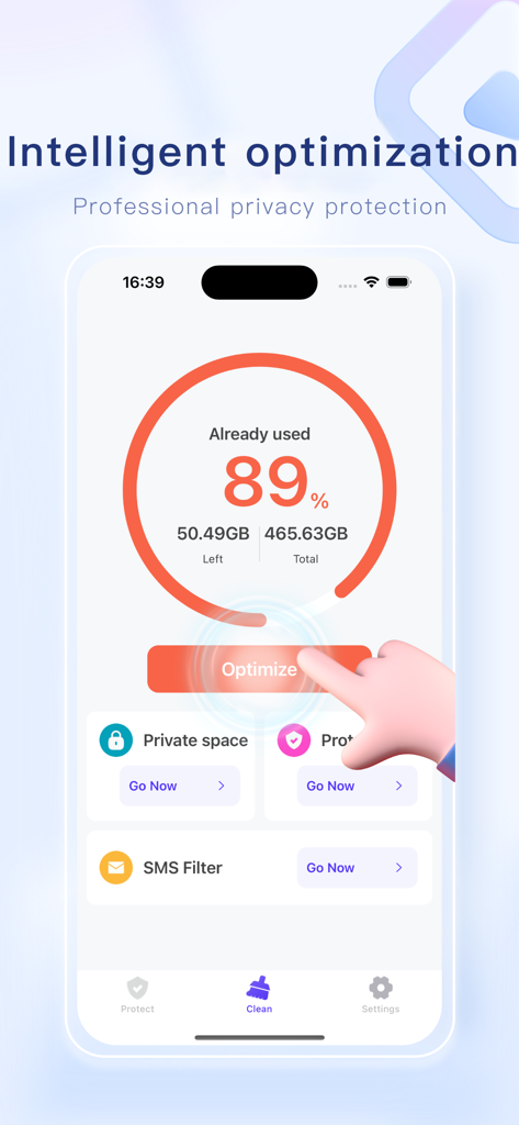 CleanMaster Pro` - CleanMaster Pro app interface showing storage usage at 89 percent with an optimize button.