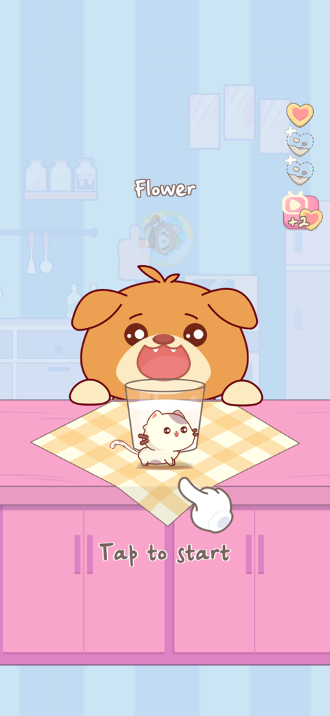 Infinity Cats - Pantalla de inicio del juego móvil Infinity Cats con un lindo gatito en el mostrador de una cocina con un mensaje de "toca para empezar"