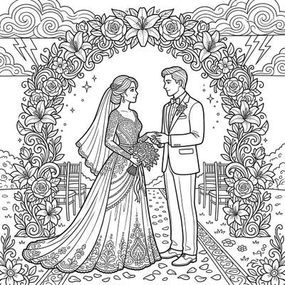 Celebrate love with this exquisite wedding coloring page, featuring a beautifully detailed bride and groom under a grand floral arch. Discover the joy of bringing this romantic scene to life with your favorite colors, complete with subtle elements of a dramatic sky.