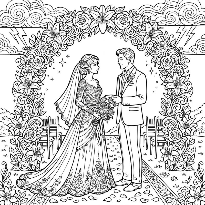 Celebrate love with this exquisite wedding coloring page, featuring a beautifully detailed bride and groom under a grand floral arch. Discover the joy of bringing this romantic scene to life with your favorite colors, complete with subtle elements of a dramatic sky.