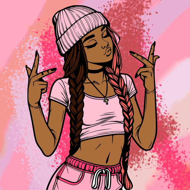 realistic teenage girl with braids and a beanie and crop top doing 🫶🏼