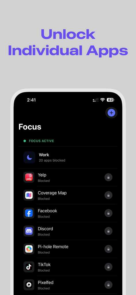 Focus App Blocker - Interfaz de Focus App Blocker mostrando una lista de aplicaciones bloqueadas incluyendo Facebook y TikTok con opciones de desbloqueo individual.