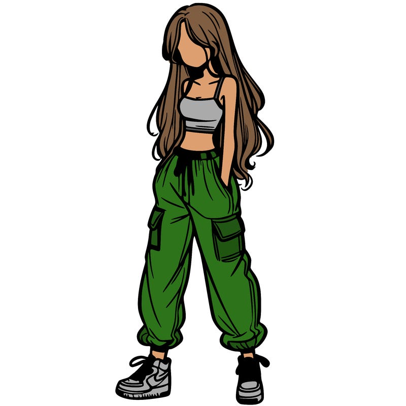 girl in baggy pants crop top and long hair